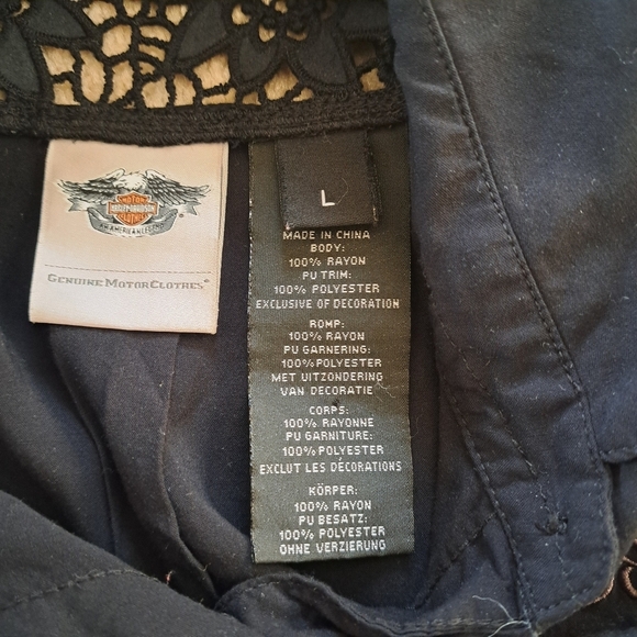 Harley Davidson Shirt Women's Size Large Black Crochet Flower Accents Rayon - Picture 7 of 13